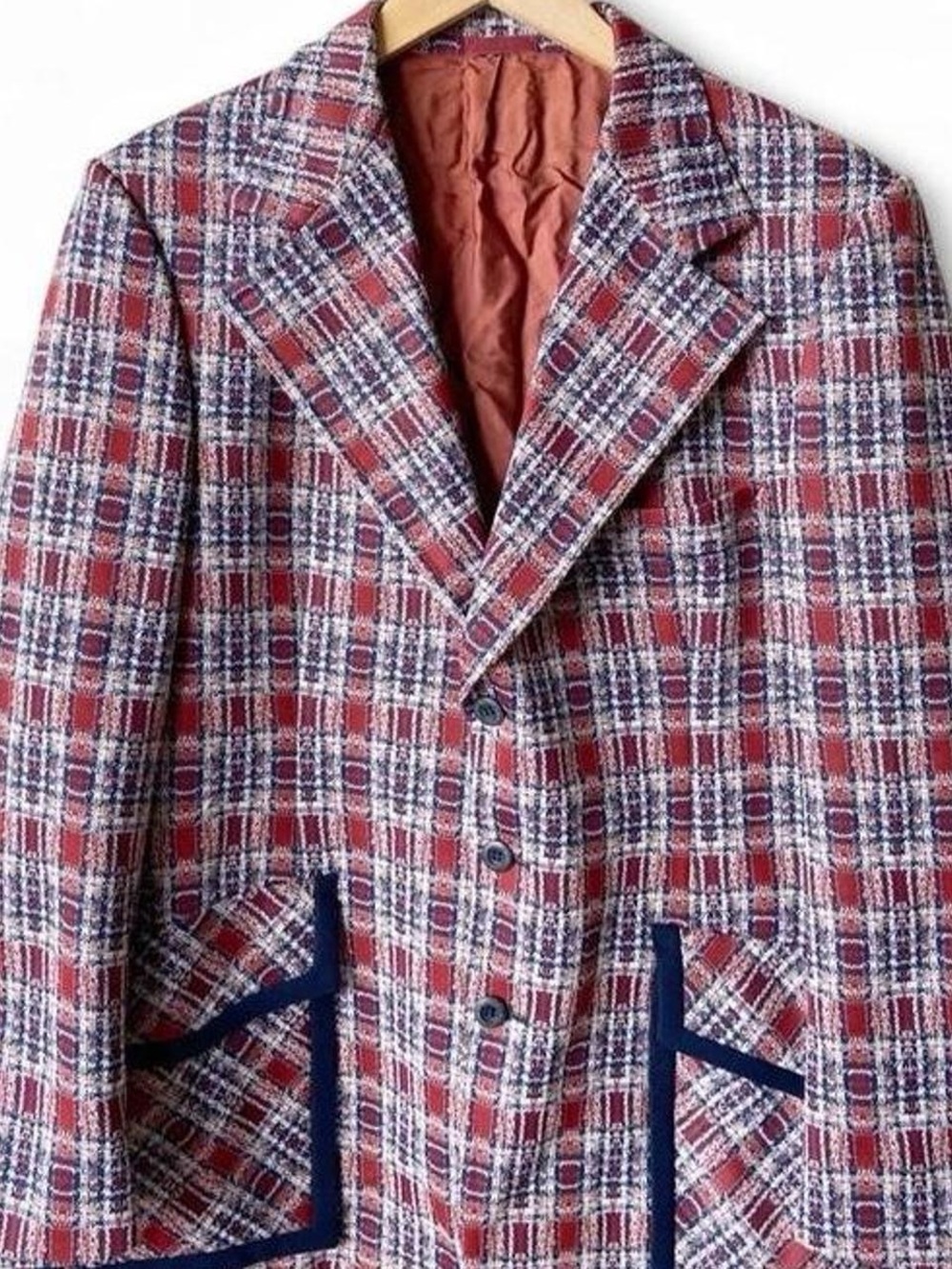 Vintage 70s Kirkmoor Men's Red Plaid Sport Coat with Navy Trim